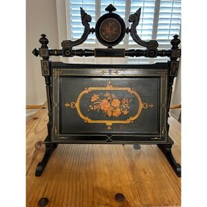 Victorian Eastlake Floral Hand Painted Wood Magazine Rack Music Holder